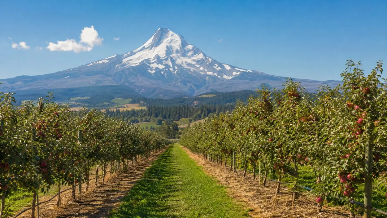 Filari di frutteti nella Hood River Valley con il monte Hood all'orizzonte