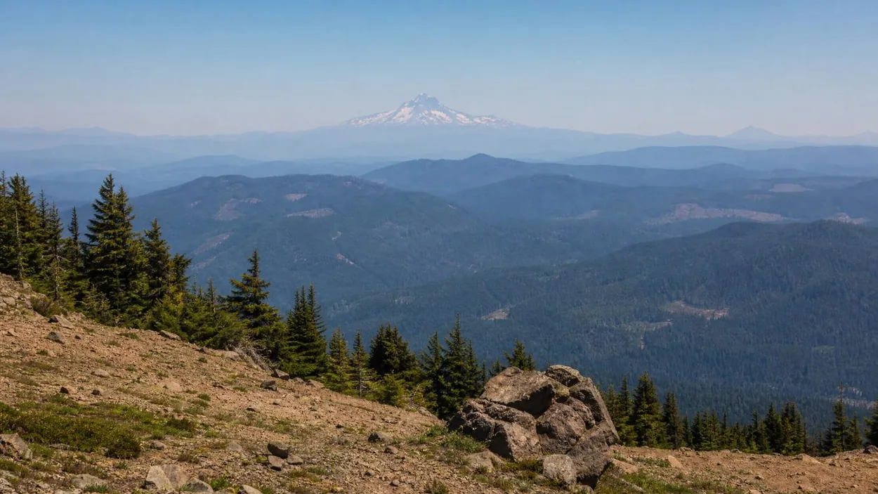 Mount Jefferson am südlichen Horizont, gesehen von weit oben am Mount Hood