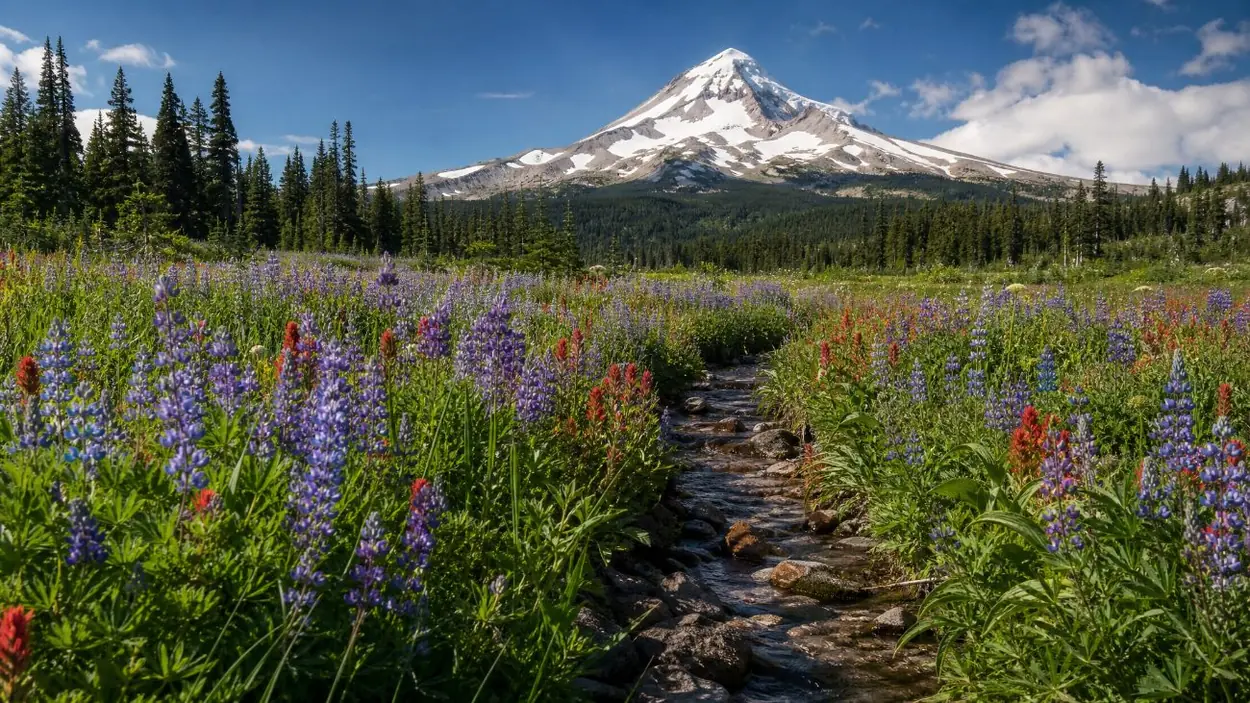 Lupini viola e castilleje rosse in un prato alpino ai piedi del monte Hood
