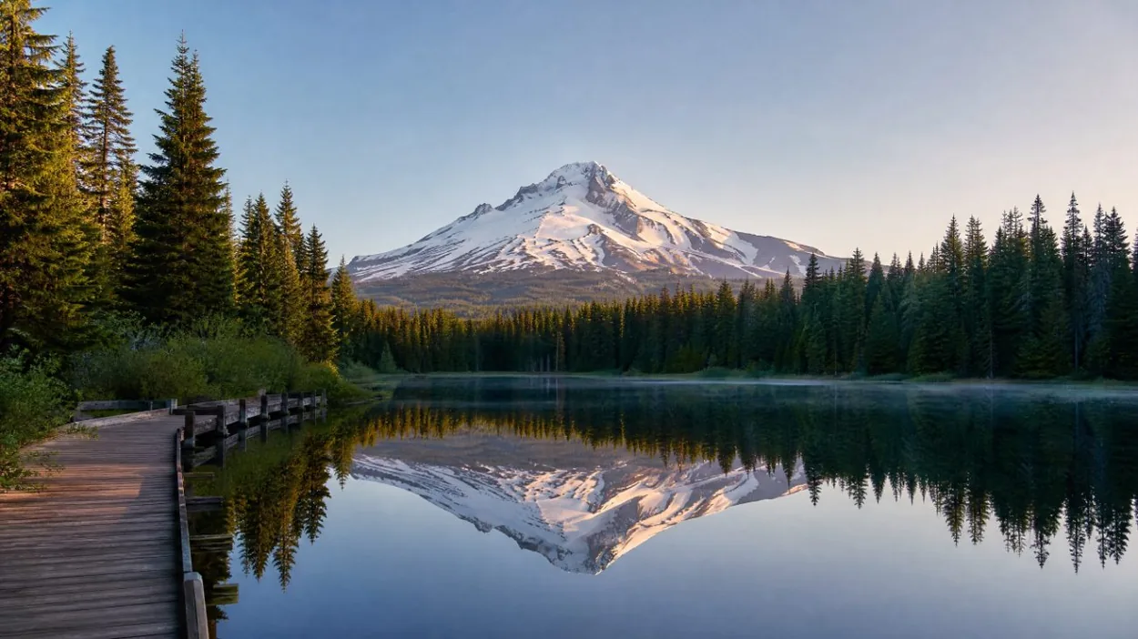 Il monte Hood riflesso nelle acque immobili di Mirror Lake