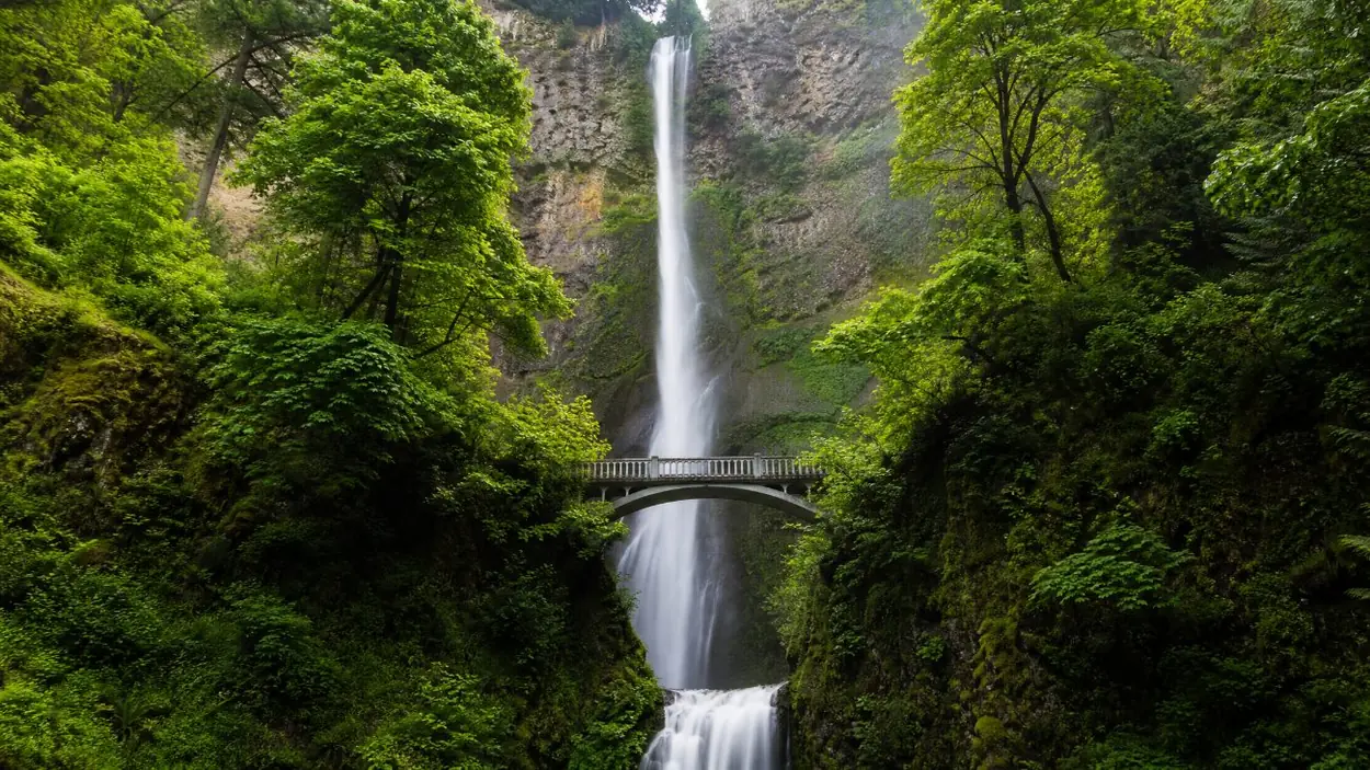 Multnomah Falls che precipita in due salti oltre un ponticello di pietra