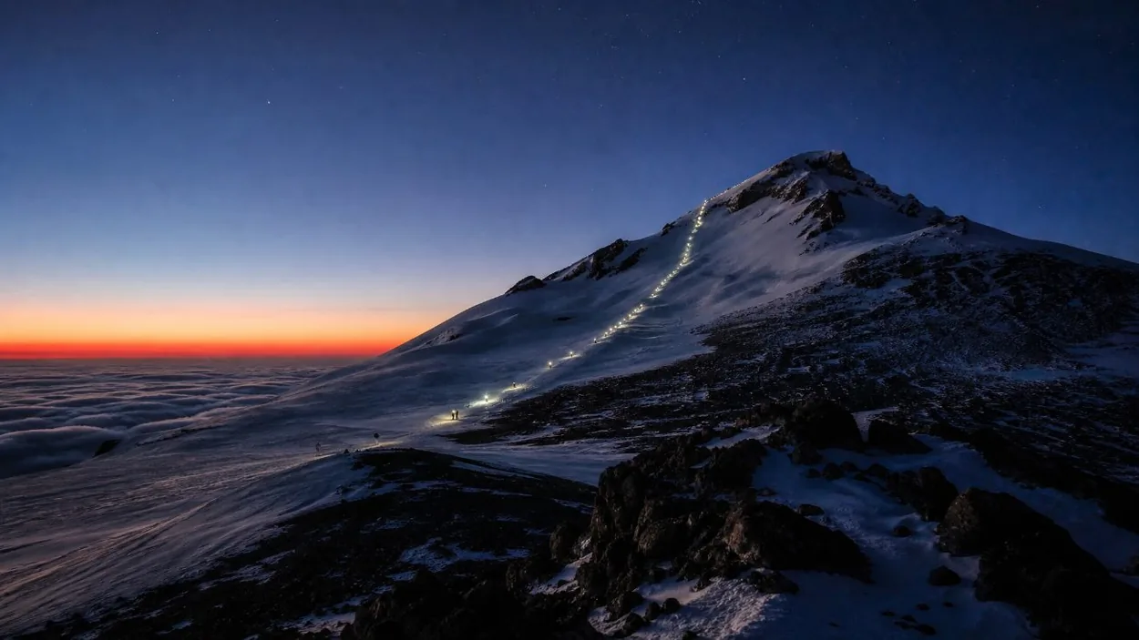 Climbers' headlamps on the snow below the summit of Mount Hood before dawn