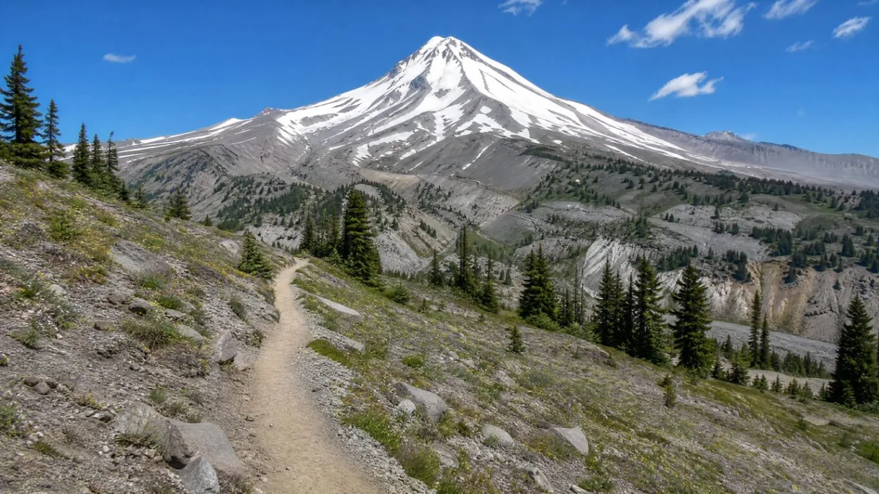 Un stretto sentiero sterrato che attraversa un pendio vulcanico aperto verso il monte Hood