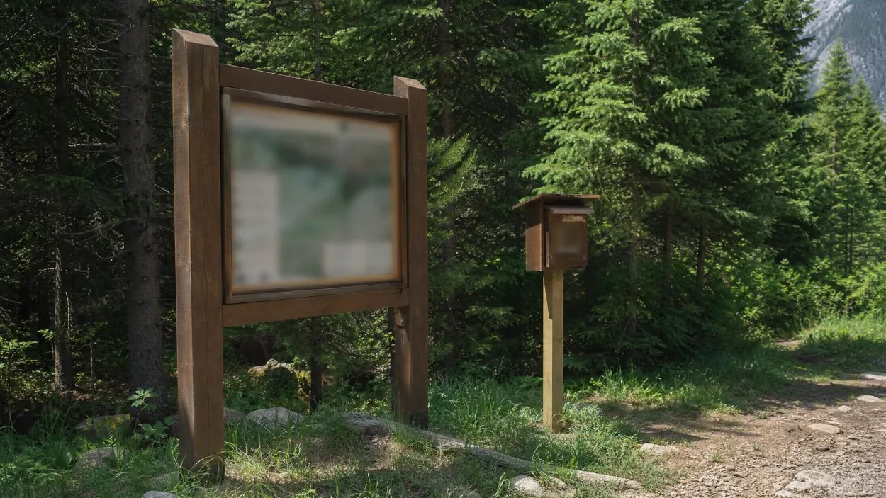 Un cartello di legno al punto di partenza del sentiero e una cassetta dei permessi al margine di un bosco