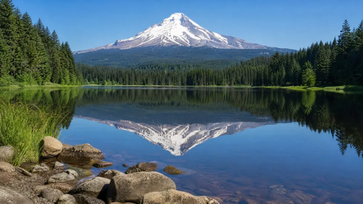 Il monte Hood che si innalza sopra Trillium Lake e la sua riva boscosa